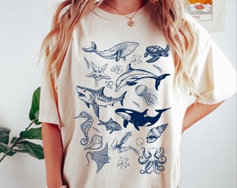 Meerestier 90er Retro T-Shirt, Ozean Natur Shirt, Meeresleben, Ozean, Wal, Orca, Schildkröte, Delfin Shit, Unisex Erwachsene T-Shirt, Ozean Tier Shirt