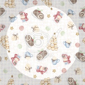 Könnte beinhalten: Ein sich wiederholendes Muster mit festlichen Illustrationen. Das Design umfasst einen Weihnachtsbaum aus Windbeuteln, Schokoladenrollen, Geschenkboxen mit roten Schleifen, Sternformen und Tassen heiße Schokolade mit Schlagsahne.