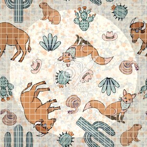 May include: A seamless pattern featuring a variety of desert-themed illustrations, including cacti, snakes, foxes, bison, and prairie dogs. The background is a light beige with a subtle grid pattern. The illustrations are in a cartoon style and are rendered in shades of brown, blue, and green.