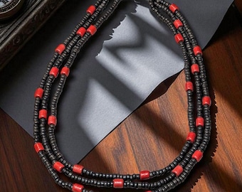 Chocolate Brown Ceramic Bead Necklace with Red Accents, Three-Strand Handmade Ukrainian Jewelry, No. 168