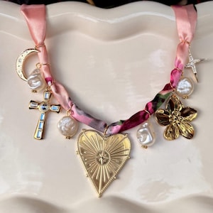 flowered pink scarf charm necklace