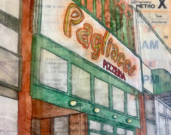 Fine Art Print of Original Mixed-Media Painting - The Original Pagliacci Pizza on the Ave - Janet Nechama Miller