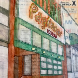 Fine Art Print of Original Mixed-Media Painting - The Original Pagliacci Pizza on the Ave - Janet Nechama Miller