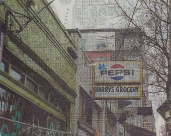 Harry's Grocery - The Capitol Hill I Remember - Fine Art Print of Original Mixed-Media Painting by Janet Nechama Miller