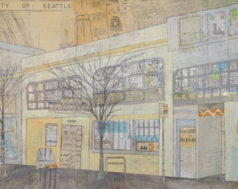 Cafe Paradiso - The Capitol Hill I Remember - Fine Art Print of Original Mixed-Media Painting by Janet Nechama Miller