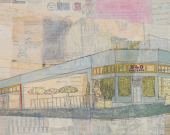 B&O Espresso - Capitol Hill - Fine Art Print of Original Mixed-Media Painting by Janet Nechama Miller