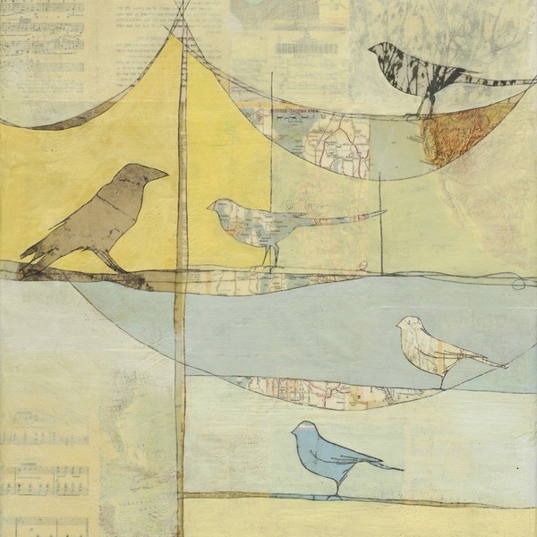 Fine Art Greeting Card - Birds on Wires - Print of Original Mixed-Media Encaustic Painting - An Abundane of Truths - by Janet Nechama Miller
