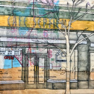 Cafe Septieme - 214 Broadway East - Fine Art Print of Original Mixed-Media Painting by Janet Nechama Miller