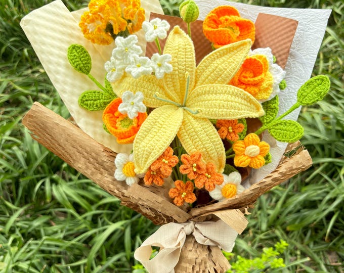 Crochet Flowers Bouquet, Lily, Mother's Day, Handmade Gift, Finished Product, Birthday, Graduation, Mom, Grandma, Wife, Gift For Her