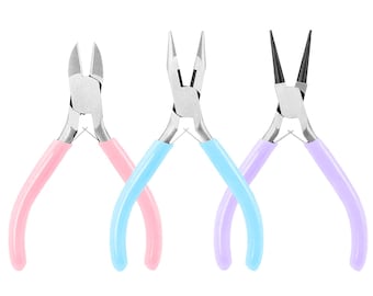 May include: Three pairs of pliers with different colored handles: pink, light blue, and lavender. The pliers are used for jewelry making.