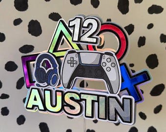 Gaming taarttopper, console gepersonaliseerde leeftijd, naam, aangepast, 3D, meerlaags, controller, headset, gelukkige verjaardagstaarttopper