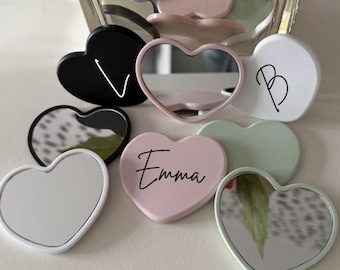 Personalised Heart Shaped Mini Pocket Mirror - Pink, White, Sage, Bride, Bridesmaid, Birthday Gift