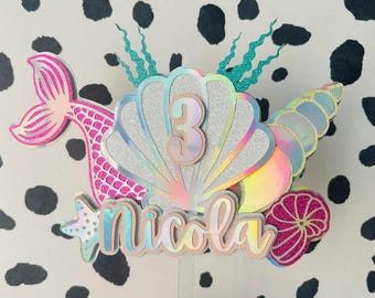 Mermaid Cake Topper Glitter Age Name, Personalised, 3D multi-layer, Mermaid Party Decoration, Custom Cake Topper, Shells Starfish Sea Theme