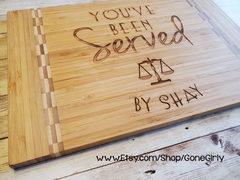 You've Been Served By Your Name Attorney or Lawyer Gift. Custom Engraved Bamboo Cutting Board 15x11 inches OR 12x9 inches image 4