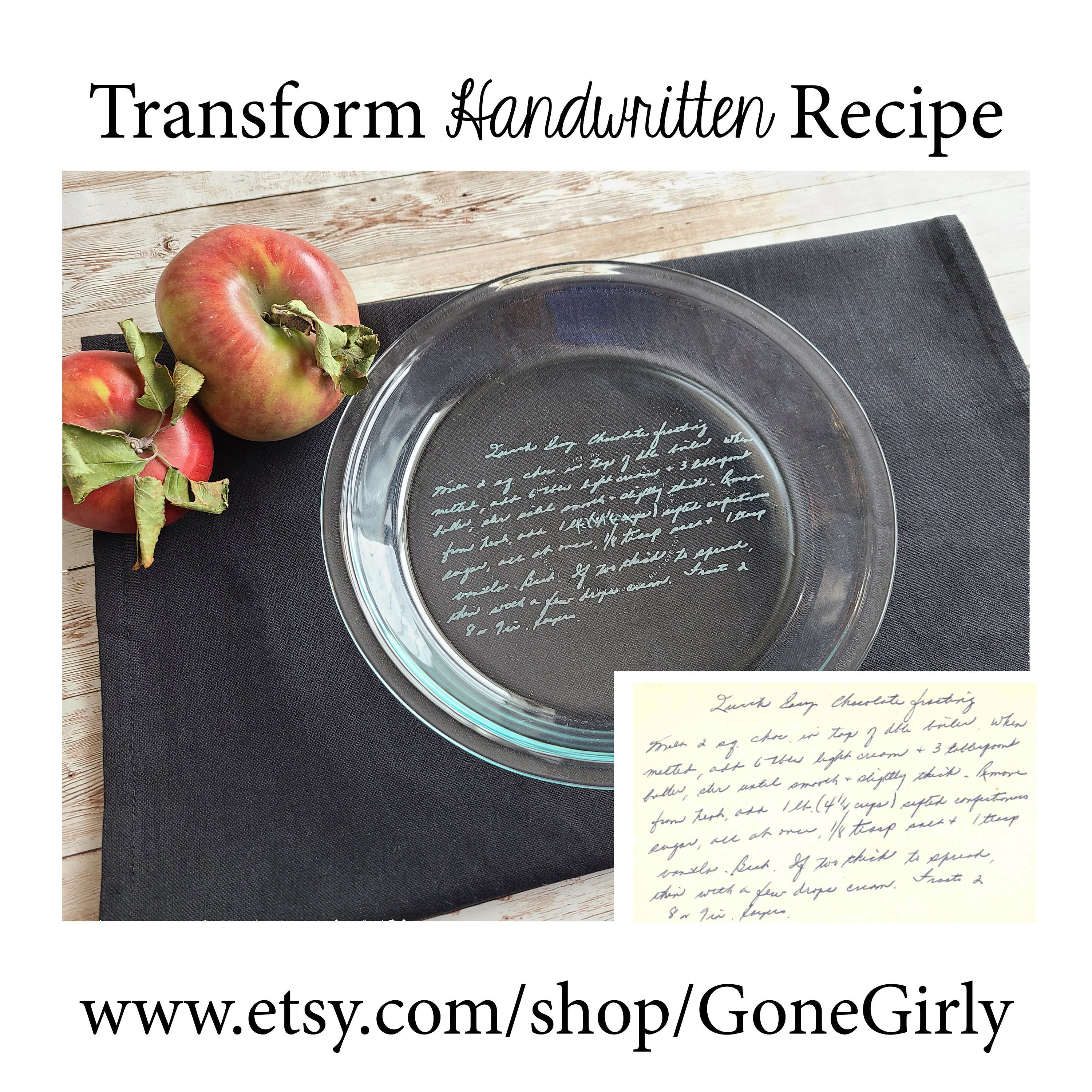 Transform HANDWRITTEN RECIPE into an engraved Pie Plate Family Favorite for Loved One Basic