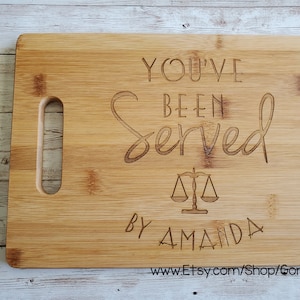 You've Been Served By Your Name Attorney or Lawyer Gift. Custom Engraved Bamboo Cutting Board Three Styles Great Lawyer Graduation ESQ image 3