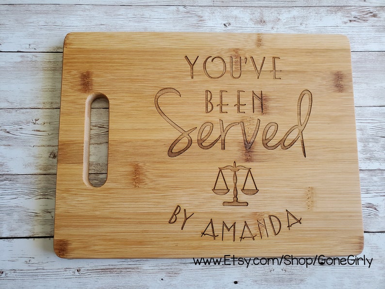 You've Been Served By Your Name Attorney or Lawyer Gift. Custom Engraved Bamboo Cutting Board Three Styles Great Lawyer Graduation ESQ image 3