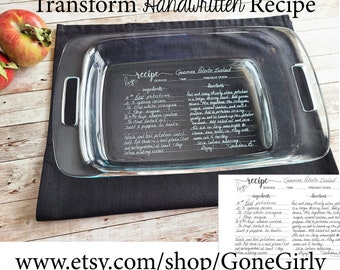 Transform HANDWRITTEN RECIPE into an engraved 9x13 Pyrex - Family Favorite for Loved One