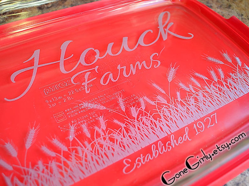 Wheat Field Farm 9x13 Engraved Pyrex Custom Engraved Bakeware. Farmer Gift Kitchen Gift. Usable Art. Baking Gift Free Red Lid image 1