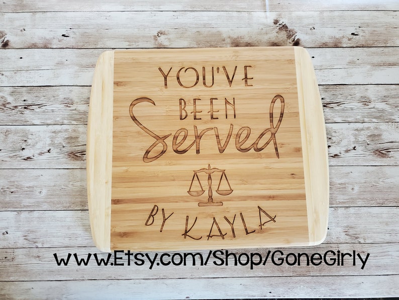 You've Been Served By Your Name Attorney or Lawyer Gift. Custom Engraved Bamboo Cutting Board Three Styles Great Lawyer Graduation ESQ 14x12 Deluxe Oval