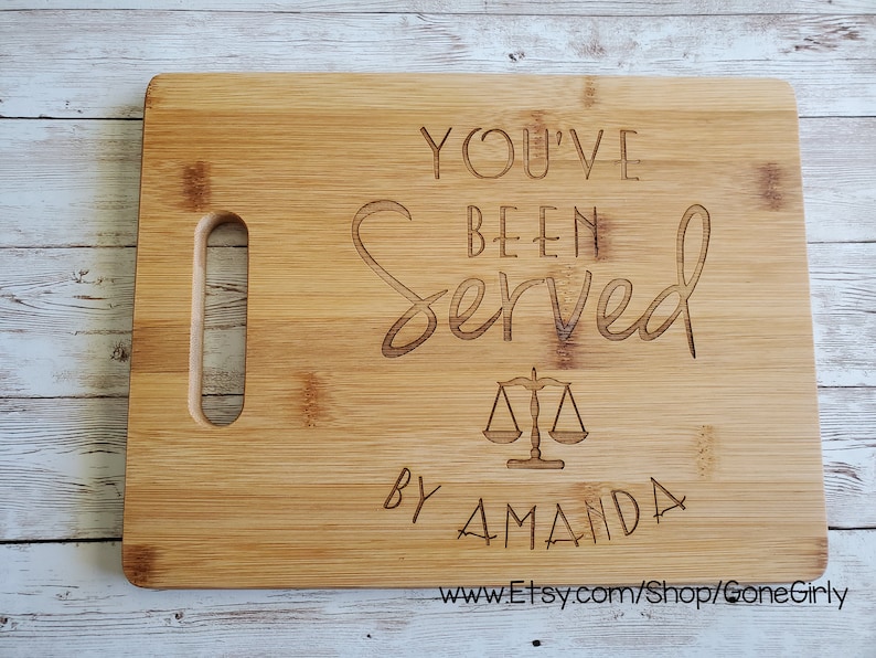 You've Been Served By Your Name Attorney or Lawyer Gift. Custom Engraved Bamboo Cutting Board 15x11 inches OR 12x9 inches image 1