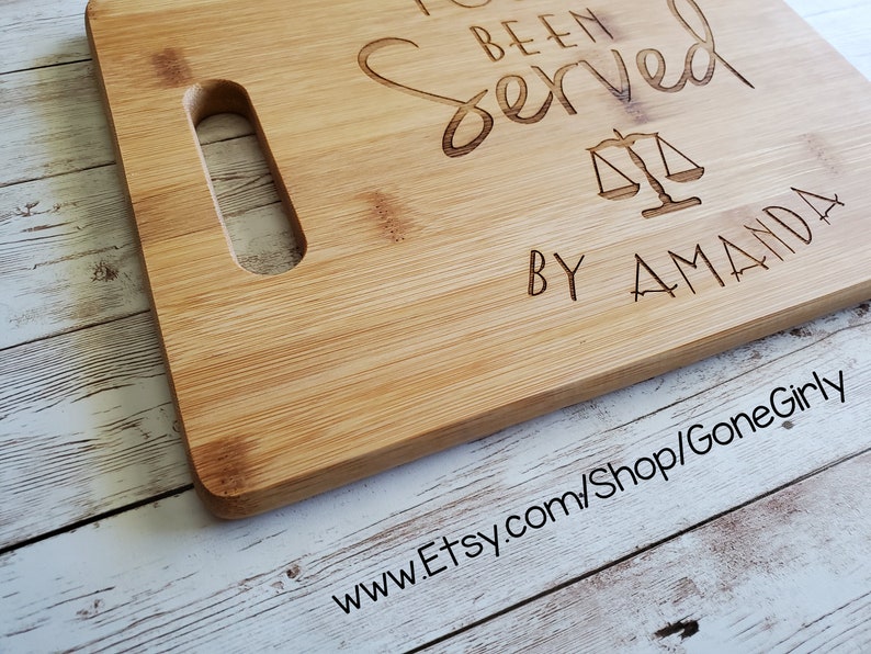 You've Been Served By Your Name Attorney or Lawyer Gift. Custom Engraved Bamboo Cutting Board 15x11 inches OR 12x9 inches image 2