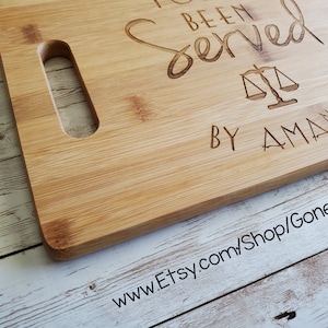 You've Been Served By Your Name Attorney or Lawyer Gift. Custom Engraved Bamboo Cutting Board Three Styles Great Lawyer Graduation ESQ image 5