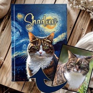 Custom Cat Hardcover Journal with Starry Night Oil Painting Theme | Lined Pages | Unique Pet Keepsake | Personalized Pet Gift