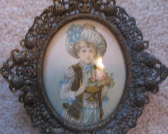 florentine gilt frame miniature antique pressed flower portrait