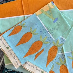 Vintage Linen Kitchen Towels, Screened Carrots Watering Can, Spring Decor (Set of 2) Pristine