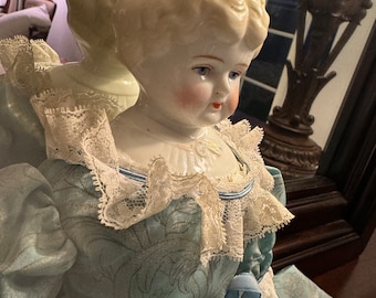 Antique China Head Doll Hand Made.  The MOST EXQUSITE Hand Made CLOTHING. Blond, Blue Eyes