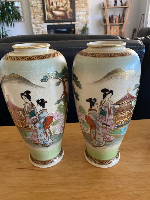 Vintage Japanese Vases With Geisha and Dragon Hand Painted 