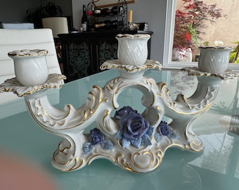 Capodimonte Italian Porcelain Triple Candle Holder/Factory Crown Mark & Letter N  RARE PURPLE ROSES