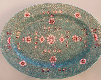 RARE Japanese Porcelain Platter, Post 1940, Decorated in Hong Kong Turquoise FLORAL