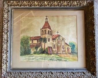 Antique Watercolor Painting Mission Composition Frame Signed