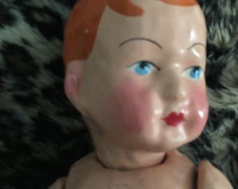 Antique GERMAN Baby Doll Papier Mache Doll German Antique Baby Doll with Bent Knees 13&quot;
