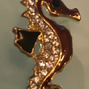 Vintage Seahorse Brooch Gold Tone w Wine Colored Enameling Clear Rhinestones Black Enameled Wings Vintage Jewelry, Nice Condition