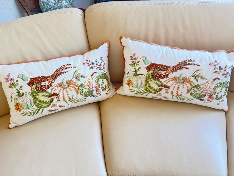 Pu&ograve; includere: Due cuscini rettangolari con sfondo bianco e design a tema autunnale. Il design presenta un fagiano, zucche e accenti floreali nei toni del marrone, verde, arancione e rosa. I cuscini hanno un bordo arancione smerlato.