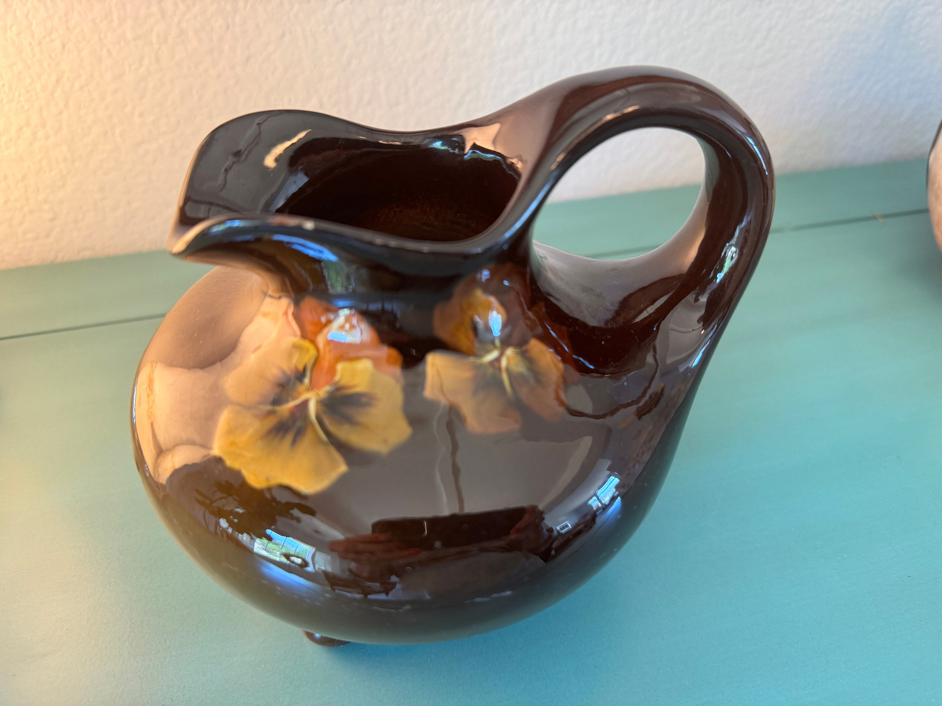 Antique Weller Louwelsa Tri Footed 5" Pansy Pitcher c1900's Art Pottery Pitcher Pansies