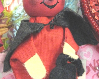 Retro Devil Finger Puppet Kruse Red Black , Hand painted