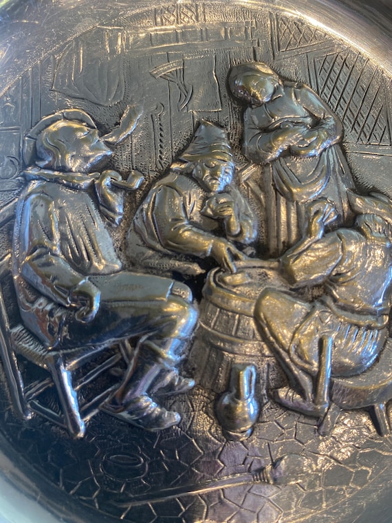 Antique Dutch 900 Silver Plate Ashtray, Tavern Scene by Hendrik