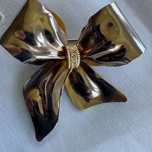Gold Tone Bow Brooch With Rhinestones, about 2.5 X 3&quot;.  Nice Vintage condition