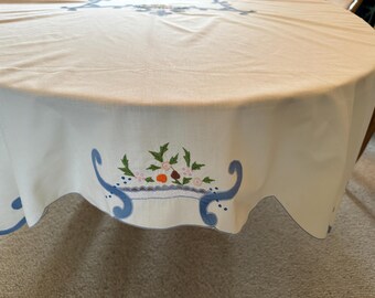 Pristine Festive Tabelecloth and 12 Napkins, Blue Applique' Embroidery Cream, Table ready, Floral, Blue, Green, Pink, White 66" x 88" GIFT