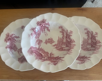 Vintage Rimmed Soup Bowls RED  PINK The Olde Mill Scenic 3 Pc