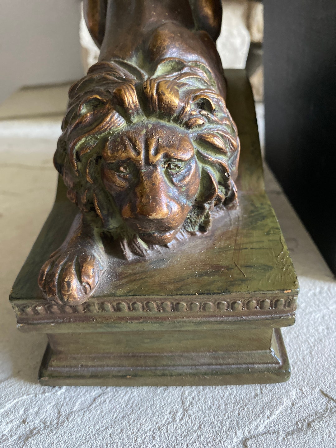 LION BOOKEND PAIR Vintage Baroque Bronzed Lions Heavy Excellent Pair