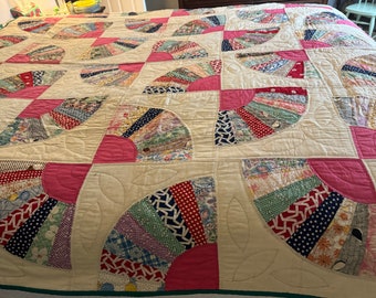 Antique QUILT Grandmother's Fan QUILT Hand Quilted  c1930 6 ft x 7 ft GORGEOUS