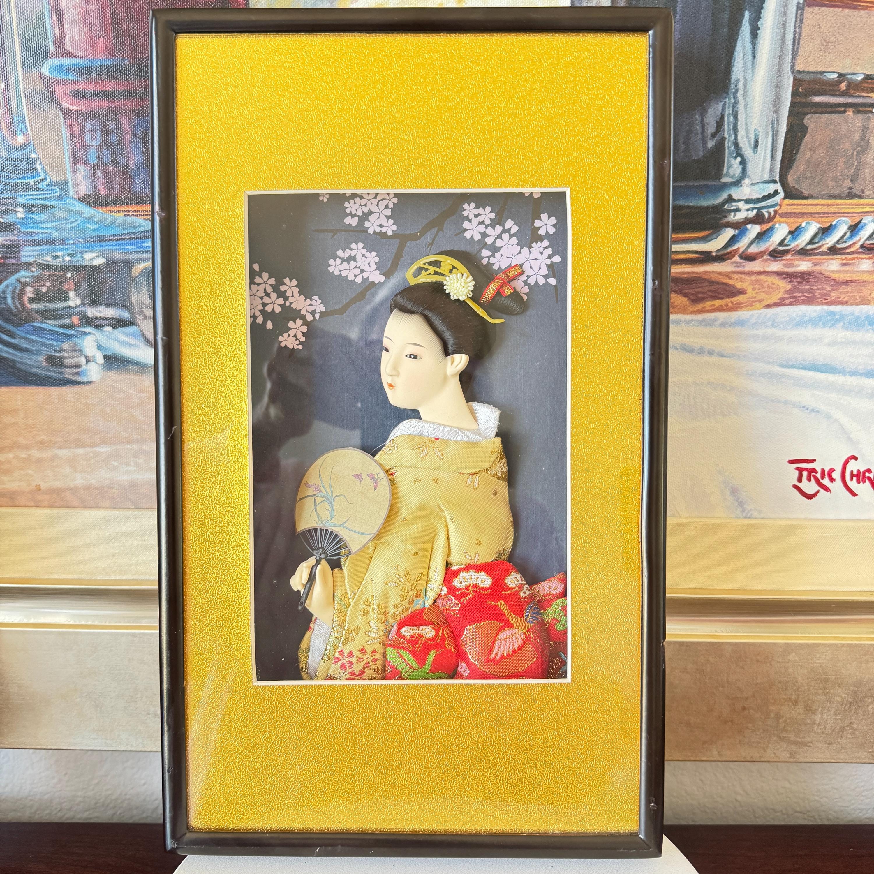 Mid-century Japanese Oshie Art: Framed Geisha Kimono Shadow Box