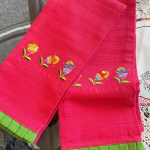 Vintage Linen Kitchen Towel Set of 2,  16" x 28"Bright Pink Embroidery, Blooming Easter Eggs Green Pleat,  Spring Decor, Pristine