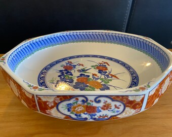 Octagonal Porcelain Japanese Bowl, Floral, Bird, Red and Blue, Makers Mark