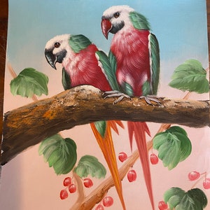 Original Painting Parrots Bright Couple Oil on Canvas,Birds, Tropical Samantha Childs SIGNED